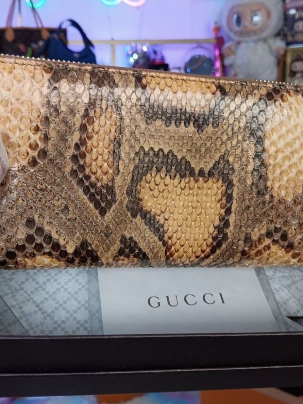 Gucci Python Exotic Leather Vintage Bamboo Tassel Zip Around Large Size Wallet W